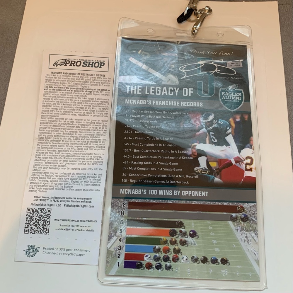 NFL EAGLES PHILADELPHIA Hall of Fame Ticket McNabb Lanyard with the Game Ticket - Picture 5 of 12